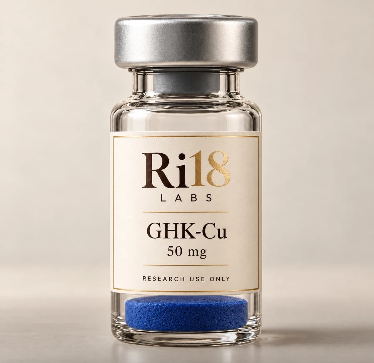 Ri18 Labs GHK-Cu 50 mg in a 3 mL glass vial, the powder blue from its copper content