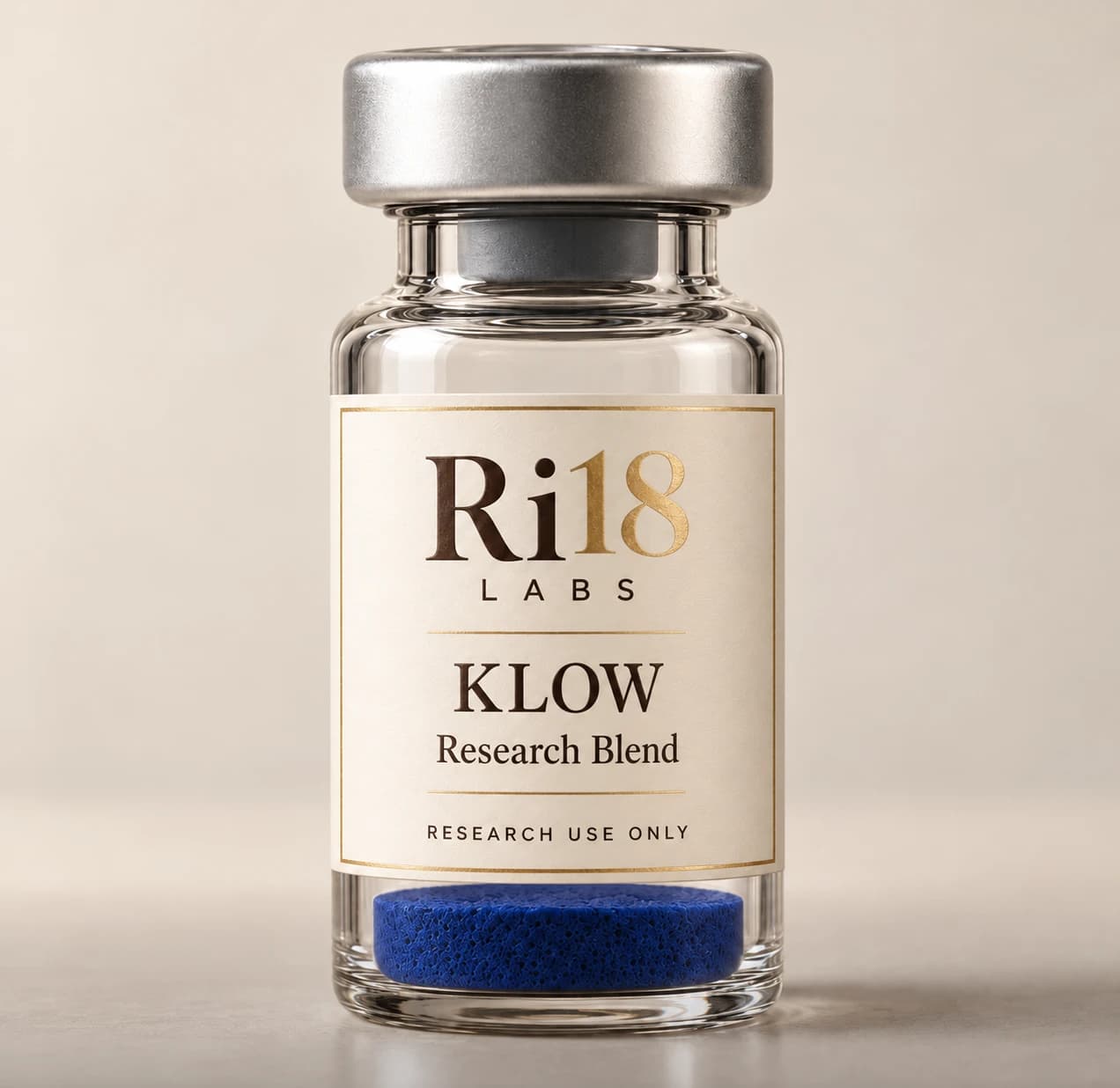Ri18 Labs KLOW research blend in a 3 mL glass vial, the powder blue