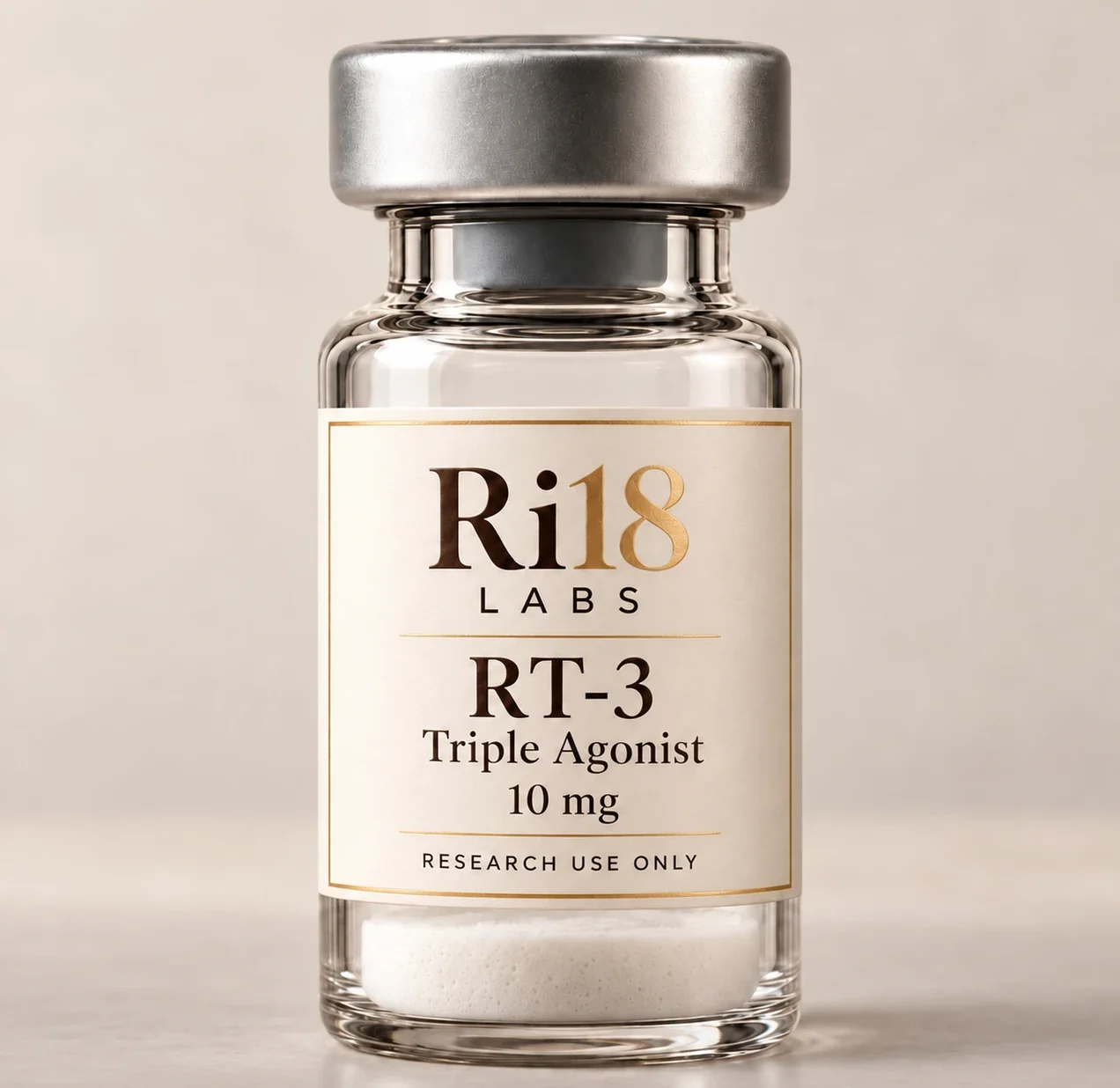 Ri18 Labs RT-3 10 mg in a 3 mL glass vial with a silver crimp cap